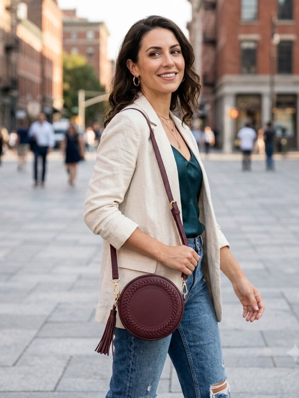 Stylish Round Crossbody Bag in Deep Burgundy Braided Detailing‎